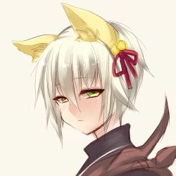 1boy animal_ear_fluff animal_ears bell black_shirt closed_mouth commentary_request expressionless fox_boy fox_ears green_eyes grey_hair guillotine_cross_(ragnarok_online) hair_bell hair_between_eyes hair_ornament hair_ribbon jingle_bell long_bangs looking_at_viewer looking_to_the_side male_focus ragnarok_online red_ribbon ribbon shirokuro_(erisnoa) shirt short_hair simple_background solo upper_body white_background