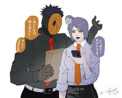 Rule 34 | 1boy, 1girl, alternate costume, belt, breasts, eyeshadow, flower, hair flower, hair ornament, highres, konan (naruto), makeup, mask, naruto (series), naruto shippuuden, necktie, orange eyes, pants, purple hair, shirt, short hair, speech bubble, tobi (naruto), tockytacky39, translation request, uchiha obito