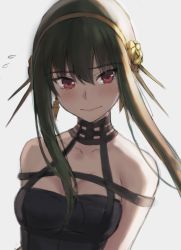 1girl bad_id bad_twitter_id bare_shoulders black_dress black_hair breasts cleavage collarbone dress earrings flying_sweatdrops gold_hairband hair_ornament hairband jewelry large_breasts long_hair looking_at_viewer red_eyes sidelocks solo spy_x_family tonee yor_briar