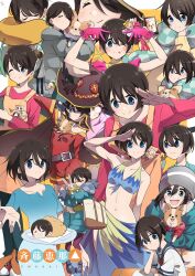 1girl absurdres apron armpits bikini blue_bikini blue_eyes blue_shirt brown_hair chikuwa_(yurucamp) copyright_name cosplay dress green_jacket grey_jacket highres hoshino_ai hoshino_ai_(oshi_no_ko)_(cosplay) hug jacket karakai_jouzu_no_takagi-san kono_subarashii_sekai_ni_shukufuku_wo! megumin megumin_(cosplay) multiple_views oshi_no_ko red_dress red_shirt saitou_ena salute shirt swimsuit takagi-san takagi-san_(cosplay) voice_actor_connection yas_(yosiyasuyasu) yellow_apron yurucamp
