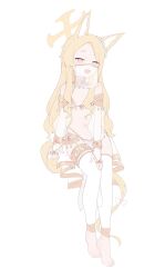 1girl alternate_costume animal_ears barefoot bikini blonde_hair blue_archive bracelet dancer detached_sleeves fang flat_chest fox_ears full_body gold_anklet gold_bracelet gold_collar gold_trim gurenola half-closed_eyes halo highres invisible_chair jewelry long_hair looking_at_viewer mouth_veil navel open_mouth pelvic_curtain see-through_clothes see-through_sleeves seia_(blue_archive) short_eyebrows simple_background sitting solo stomach swimsuit thighhighs veil white_background white_bikini white_thighhighs yellow_halo