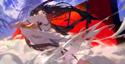 1girl absurdres black_hair blue_eyes floating_hair highres junketsu kill_la_kill kiryuuin_satsuki li_2_cun long_hair looking_at_viewer outdoors sailor school_uniform solo thick_eyebrows very_long_hair