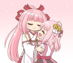 2girls :d bad_id bad_tag bad_twitter_id bell blunt_bangs blush braid closed_eyes closed_mouth dot_nose gradient_background hair_bell hair_ornament hair_ribbon hakama hand_on_another&#039;s_back hand_on_another&#039;s_head happy high_ponytail hug japanese_clothes jingle_bell kimono long_hair long_sleeves magia_record:_mahou_shoujo_madoka_magica_gaiden magical_girl mahou_shoujo_madoka_magica medium_hair miko multiple_girls official_alternate_costume open_mouth pink_background pink_hair ponytail red_ribbon reverse_(bluefencer) ribbon ribbon-trimmed_sleeves ribbon_trim shirt short_sleeves siblings side_braid side_braids sidelocks simple_background sisters skirt smile tamaki_iroha tamaki_iroha_(miko_ver.) tamaki_ui tamaki_ui_(miko_ver.) twin_braids very_long_hair white_kimono white_shirt wide_sleeves