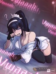 1girl ? artist_name black_gloves black_hair black_thighhighs breasts cleavage collarbone commentary drooling english_commentary fingerless_gloves gloves hairband highres indoors long_hair magadori_kyoshika on_bed one_eye_closed open_mouth ponytail purple_eyes rubbing_eyes saliva shirt signature single_bare_shoulder solo soshu_(soshuscribbles) sword the_hundred_line_-last_defense_academy- thighhighs weapon white_hairband white_shirt