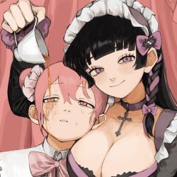 2girls black_hair blunt_bangs blush bow bowtie braid breasts choker cleavage commentary copyright_request cross cross_choker cup curtains double_bun frilled_hairband frills gakudayo hair_bow hair_bun hairband height_difference highres holding holding_cup large_breasts leaning_on_person long_hair looking_at_viewer looking_to_the_side looking_up multicolored_hair multiple_girls original parted_lips pink_eyes pink_hair pouring pouring_onto_another purple_eyes purple_hair single_braid smile sweat symbol-only_commentary tea teacup upper_body