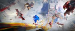 2204design 3boys absurdres aircraft animal_ears animal_nose battle blender_(medium) blue_fur brass_knuckles building chromatic_aberration cloud destruction echidna_(animal) egg_fleet_(stage) explosion falco_(sonic) flying fox_boy furry furry_male gloves hedgehog_boy highres knuckles_the_echidna multiple_boys red_fur red_shoes robot shoes sky smoke sneakers sonic_(series) sonic_heroes sonic_the_hedgehog spiked_gloves tails_(sonic) twintails two-tone_fur weapon white_gloves yellow_fur