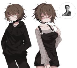Rule 34 | 1girl, aki (snale), black nails, blush, borrowed character, brown eyes, brown hair, chinese text, glasses, hands in pockets, hibi (dustbinrat), highres, hood, hoodie, light smile, looking at viewer, messy hair, nail polish, overalls, pointing, robert downey jr., simplified chinese text, smile, speech bubble, sweat, white background