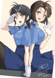 Rule 34 | 2girls, arm up, back-to-back, belt, belt buckle, black hair, black pantyhose, blue skirt, brown hair, buckle, esw artca, gloves, green eyes, grey eyes, hair between eyes, highres, holding hands, interlocked fingers, japan national police, kobayakawa miyuki, long hair, long sleeves, looking at viewer, multiple girls, pantyhose, police, police uniform, policewoman, salute, short hair, simple background, sitting, skirt, smile, taiho shichauzo, thighhighs, tsujimoto natsumi, waving, white gloves