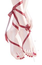 1girl absurdres barefoot candy feet food foot_focus ggll highres leg_ribbon lollipop original out_of_frame red_background red_nails red_ribbon ribbon simple_background soles solo toes