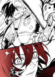 2boys absurdres argenti_(honkai:_star_rail) arm_up blood blood_on_face boothill_(honkai:_star_rail) clenched_teeth commentary_request cropped_jacket cyborg diamond_(shape) double-parted_bangs eyelashes hair_between_eyes hair_over_one_eye highres honkai:_star_rail honkai_(series) injury jacket male_focus midriff mrsw0911 multicolored_hair multiple_boys one_eye_covered parted_bangs red_eyes red_hair sharp_teeth speech_bubble sweat teeth two-tone_hair unzipped wide-eyed zipper zipper_pull_tab