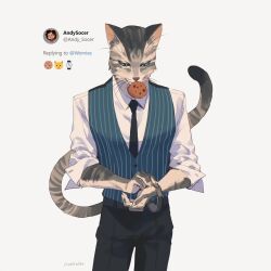 1boy black_necktie blue_eyes blue_vest body_fur cat_boy claws commentary cookie cowboy_shot english_commentary food furry furry_male grey_fur highres male_focus mouth_hold necktie original shirt simple_background solo standing striped_clothes striped_vest tail three_emoji_challenge vest watch whiskers white_background white_shirt worvies wristwatch