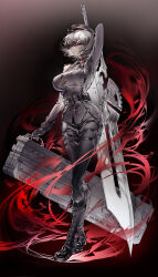 Rule 34 | 1girl, absurdres, arm up, bag, belt, belt buckle, black hat, black jacket, black necktie, black pants, boots, breasts, buckle, closed mouth, full body, grey hair, hat, highres, holding, holding bag, holding sword, holding weapon, huge weapon, impossible clothes, ind (121), jacket, knee boots, looking at viewer, military, military jacket, military uniform, necktie, original, pale skin, pants, peaked cap, red eyes, revision, short hair, skindentation, solo, standing, sword, thigh strap, weapon