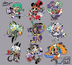 1boy 2025 6+girls android annie_(skullgirls) apron barefoot belt_buckle belt_pouch beowulf_(skullgirls) black_hair bloody_marie_(skullgirls) blue_eyes blue_hair blue_skin bob_cut boots braid buckle cerebella_(skullgirls) chair chibi claws collar colored_skin cyborg dark-skinned_female dark_skin dated detached_leggings dress eliza_(skullgirls) eyepatch facial_hair folding_chair frilled_apron frilled_dress frills full_body green_hair grey_background grey_hair grin gun hair_over_one_eye handgun hat holding holding_gun holding_sword holding_weapon long_sleeves looking_at_viewer microphone ms._fortune_(skullgirls) multiple_girls neck_bell one_eye_closed peacock_(skullgirls) pelt pouch red_eyes revolver robo-fortune sagan_(skullgirls) sharp_teeth short_dress skullgirls smile squigly_(skullgirls) stitched_mouth stitches striped_sleeves stubble sword teeth thigh_boots top_hat twin_braids vambraces vice-versa_(skullgirls) weapon wristband yamada9000 yellow_eyes zombie