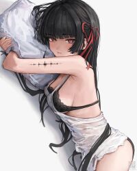 1girl absurdres ass barefoot black_bra black_hair black_panties blunt_bangs bra breasts camisole chisa_(wuthering_waves) closed_mouth commentary english_commentary feet from_side hair_ribbon highres hugging_object large_breasts long_hair looking_at_viewer lying mole mole_under_eye on_stomach panties pillow pillow_hug red_eyes red_ribbon ribbon riuv187567 sidelocks sideways solo tacet_mark_(wuthering_waves) thighs toes underwear very_long_hair white_camisole wuthering_waves