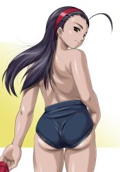 Rule 34 | 1girl, ahoge, ass, ass focus, back, black hair, brown eyes, capcom, forehead, gym uniform, hairband, highres, hinokawa jun, iinchou (justice gakuen), justice gakuen, long hair, looking at viewer, looking back, shiny skin, skindentation, smile, thighs, topless female
