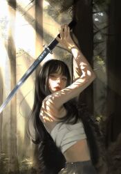Rule 34 | 1girl, 2024, black hair, brown eyes, closed mouth, forest, highres, holding, holding sword, holding weapon, long hair, looking at viewer, nature, original, outdoors, signature, solo, sword, tree, weapon, whoisluvme