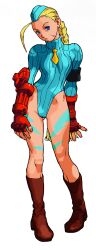 Rule 34 | 1girl, :&lt;, absurdres, ahoge, armband, bare legs, bengus, beret, black armband, blonde hair, blue eyes, bodypaint, boots, braid, brown boots, cammy white, facial scar, game cg, garrison cap, gloves, hat, heattech leotard, highleg, highleg leotard, highres, killer bee cammy, leotard, long hair, marvel vs. capcom, necktie, non-web source, official art, ribbed leotard, scan, scar, scar on cheek, scar on face, short necktie, simple background, sleeved leotard, solo, standing, street fighter, turtleneck, twin braids, white background, x-men vs. street fighter