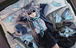1girl absurdres animal_ear_fluff animal_ears arms_behind_head assault_rifle bag balaclava banknote bed_sheet bedroom black_jacket black_skirt blazer blue_archive blue_scarf bottle breast_pocket collared_shirt commentary_request cross_hair_ornament duffel_bag from_above grey_hair gun hair_between_eyes hair_ornament halo highres indoors jacket kai_xin long_sleeves looking_at_viewer looking_up lying medium_hair money on_back on_bed open_clothes open_jacket pillow plaid_clothes plaid_skirt pleated_skirt pocket rifle scarf school_uniform shiroko_(blue_archive) shirt sidelocks sig_sauer_556 skirt solo sunglasses water_bottle weapon white_shirt wolf_ears wolf_girl