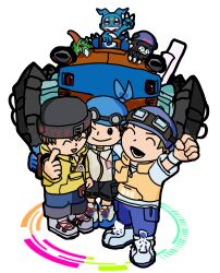 absurdres akira_(digimon_world_2) atsushi_(digimon_world_3) bandana bearmon betamon closed_eyes digibeetle digimon digimon_(creature) digimon_world digimon_world_2 digimon_world_3 goggles goggles_on_head happy hat highres mameo_(digimon) papipupepopth shorts smile v v-mon v-pet