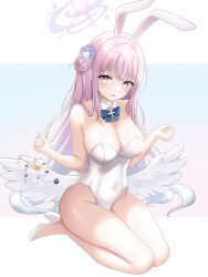 1girl alternate_costume animal_ear_hairband animal_ears bare_shoulders blue_archive blue_bow blue_bowtie blush bow bowtie breasts cleavage collar commentary covered_navel detached_collar drawing_flover fake_animal_ears feathered_wings full_body hair_bun hairband halo high_heels highleg highleg_leotard highres large_breasts leotard long_hair looking_at_viewer low_wings mika_(blue_archive) parted_lips pink_eyes pink_hair pink_halo playboy_bunny rabbit_ears seiza shoes sitting small_sweatdrop solo strapless strapless_leotard very_long_hair white_collar white_hairband white_leotard white_shoes white_wings wings