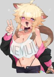 1girl @_@ ahoge animal_collar animal_ears bare_shoulders black_jacket blonde_hair blush breasts cat_ears cat_girl cat_tail clothes_writing collar cowboy_shot cropped_legs drooling fangs grey_background hair_between_eyes half-closed_eyes highres indie_virtual_youtuber jacket karasuma234 large_breasts looking_at_viewer midriff mouth_drool navel open_clothes open_jacket open_mouth panty_straps pink_eyes red_collar see-through_clothes see-through_shirt shirt signature simple_background smile solo squeans strap_slip sweat tail tank_top thick_eyebrows v virtual_youtuber white_tank_top yamada_nyankichi