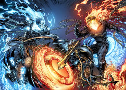 2boys battle blue_fire chain comic_cover danny_ketch edgar_delgado fighting fire ghost_rider gloves glowing jacket joe_weems johnny_blaze male_focus marc_silvestri marvel motor_vehicle motorcycle multiple_boys official_art pants skull spikes weapon