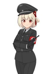 1girl armband black_cat03 black_gloves black_jacket black_necktie black_pants blonde_hair closed_mouth collar_tabs gloves gun hair_ribbon handgun hat highres holding holding_gun holding_weapon jacket lycoris_recoil military_dress_uniform military_jacket military_uniform nazi necktie nishikigi_chisato pants peaked_cap red_armband red_eyes red_ribbon ribbon simple_background smile solo ss_insignia ss_uniform swastika totenkopf waffen-ss weapon white_background