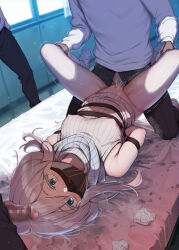 1girl 3boys arms_behind_back b-ginga bare_shoulders blue_eyes blush bottomless breasts censored clothed_sex deux_murasame erection grey_hair gundam gundam_gquuuuuux hetero highres long_hair mask mouth_mask multiple_boys penis pussy rape sex spread_legs vaginal