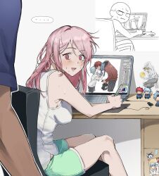 ... 1boy 1girl absurdres adobe_photoshop aomine_daiki backpack bag ball bare_legs baseball_cap basketball_(object) black_bag black_footwear black_pants black_shorts blue_jacket blue_shirt character_doll closed_eyes closed_mouth commentary_request computer dark-skinned_male dark_skin desk doll drawing_tablet embarrassed fujoshi green_shorts hair_behind_ear hat highres holding holding_bag holding_ball hood hoodie jacket kagami_taiga kise_ryouta korean_commentary kuroko_no_basuke kuroko_tetsuya laptop leaning_forward long_hair messy_hair momoi_satsuki open_mouth out_of_frame pants pink_eyes red_hoodie reference_inset shirt short_sleeves shorts sitting sleeveless sleeveless_shirt solo_focus speech_bubble sticker stylus suit_jacket sweat sweatdrop tetsuya_ni_gou towel towel_around_neck triangle_mouth vanilla_kurx17 very_sweaty white_shirt yaoi