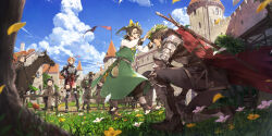 2girls 6+boys armor beard blue_sky breastplate brown_hair building cape castle cloud commentary_request dress facial_hair fantasy flower grass green_dress green_eyes head_wreath highres hood hood_up horns horseback_riding knight looking_at_another multiple_boys multiple_girls on_one_knee one_side_up open_clothes open_mouth orange_hair original outdoors pauldrons red_cape riding short_hair shoulder_armor sky somehira_katsu standing sword tree weapon yellow_eyes
