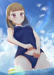 1girl :o alternate_costume blue_one-piece_swimsuit blue_sky blush braid breasts brown_hair center-flap_bangs cloud commentary_request cowboy_shot day gluteal_fold innertube kachimachi_kosuzu lens_flare link!_like!_love_live! long_hair love_live! medium_breasts midriff_peek old_school_swimsuit one-piece_swimsuit parted_lips pink_eyes satolive20 school_swimsuit school_swimsuit_flap side_braids sky solo straight_hair striped_innertube swim_ring swimsuit virtual_youtuber