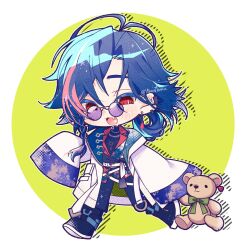 1boy :d antenna_hair artist_name belt belt_buckle black_pants black_shirt black_shoes blue_hair blush braid buckle chibi coat collared_shirt commentary_request crossed_bangs ear_piercing earrings fang fang_out glasses gold_necklace green_background hair_between_eyes highres jewelry kaisei_(1st_costume)_(nijisanji) kaisei_(nijisanji) looking_at_viewer male_focus multicolored_hair multicolored_shirt necklace nijisanji open_clothes open_coat open_mouth pants parted_bangs piercing purple-tinted_eyewear red_eyes red_hair red_shirt ribbon round_eyewear shirt shoes side_braid simple_background single_braid sleeves_past_fingers sleeves_past_wrists smile solo streaked_hair stuffed_animal stuffed_toy tassel tassel_earrings teddy_bear tinted_eyewear turtleneck twitter_username two-tone_background very_long_sleeves virtual_youtuber vsanzoku walking white_background white_belt white_coat white_ribbon