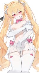 1girl absurdres apostle_(dungeon_and_fighter) armband ashtarte_(dungeon_and_fighter) bare_shoulders battle_mage_(dungeon_and_fighter) blonde_hair blush bow bowtie breasts closed_mouth commentary commission covered_navel crotch_zipper demon_horns demon_tail dungeon_and_fighter elbow_gloves english_commentary female_mage_(dungeon_and_fighter) frilled_armband frilled_gloves frilled_leotard frills garter_straps gloves hair_intakes heart highres horns huu_(dighapdlxm12) leotard long_eyelashes long_hair looking_at_viewer medium_breasts navel pink_bow pointy_ears red_eyes see-through_clothes see-through_leotard smile solo tail thighhighs twintails very_long_hair wavy_hair white_background white_garter_straps white_gloves white_leotard white_thighhighs