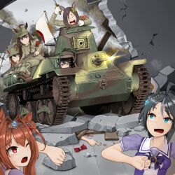 6+girls 96sikisuzume absurdres agnes_digital_(umamusume) ahoge air_groove_(umamusume) animal_ears antenna_hair aqua_eyes arisaka armband bandaid bandaid_on_face bandaid_on_nose blunt_bangs bolt_action bow bowtie breasts broken_wall buttons cleavage clenched_hand collarbone commentary daiwa_scarlet_(umamusume) debris double-breasted duramente_(umamusume) dying_message ear_bow ear_ornament ears_through_headwear flying_sweatdrops fuji_kiseki_(umamusume) gloves grey_hair gun hair_intakes hair_through_headwear helmet highres holding holding_gun holding_sword holding_weapon horse_ears horse_girl imperial_japanese_army japanese_flag long_hair medium_hair military_uniform military_vehicle motor_vehicle mouth_hold multicolored_hair multiple_girls narita_brian_(umamusume) no_pupils one_eye_closed puffy_short_sleeves puffy_sleeves purple_bow purple_bowtie purple_eyes rebar red_armband red_bow rifle rubble saber_(weapon) sailor_collar sailor_shirt school_uniform shirt short_hair short_sleeves stalk_in_mouth streaked_hair summer_uniform sweatdrop sword symboli_rudolf_(umamusume) tank tracen_school_uniform type_95_ha-gou umamusume unworn_bow v-shaped_eyes weapon white_gloves white_hair white_sailor_collar yellow_bow yellow_eyes
