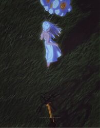 Rule 34 | 1girl, artist name, balloon, closed eyes, dress, floating hair, flower balloon, from above, grass, highres, holding, holding balloon, isekaijoucho, kamitsubaki studio, long hair, outdoors, revision, sleeveless, sleeveless dress, solo, standing, suzukasuraimu, virtual youtuber, white dress, white hair