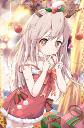 1girl antlers bell blurry blurry_background blush box brown_eyes christmas christmas_present closed_mouth commentary_request curtains double_v dress fake_antlers fur-trimmed_dress fur_trim genderswap genderswap_(mtf) gift gift_box grey_hair hair_ornament heart highres holly_hair_ornament horns indoors kazura long_hair looking_at_viewer onii-chan_wa_oshimai! oyama_mahiro pom_pom_(clothes) red_dress reindeer_antlers santa_costume santa_dress short_dress side_slit smile solo spaghetti_strap strap_slip v wooden_floor