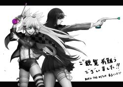 Rule 34 | 2girls, black border, black hair, border, bow, bowtie, breasts, burn the witch, burning, capelet, cowboy shot, green eyes, gun, japanese text, large breasts, long hair, multiple girls, niihashi noel, ninny spangcole, no.4, open clothes, open shirt, shorts, skirt, small breasts, spiked hair, standing, suspenders, teeth, thigh strap, thighhighs, thighs, title, translation request, twintails, under shirt, wand, weapon, white background, witch