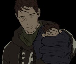 1boy :i afraid_of_monsters bags_under_eyes black_background black_eyes black_gloves black_hoodie brown_hair character_doll david_leatherhoff doll facial_hair gloves goatee_stubble holding holding_doll hood hoodie incoming_gift ju-san looking_at_object male_focus messy_hair print_hoodie scar scar_on_face short_hair smile solo stubble sweater turtleneck turtleneck_sweater upper_body