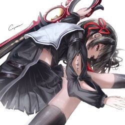 1girl arm_cutout black_hair black_shirt black_skirt chisa_(wuthering_waves) commentary hair_ribbon highres holding holding_sword holding_weapon long_hair long_sleeves looking_at_viewer mole mole_under_eye red_eyes red_ribbon ribbon sailor_collar sayunara shirt signature simple_background skirt solo sword symbol-only_commentary tacet_mark_(wuthering_waves) weapon white_background white_sailor_collar wuthering_waves