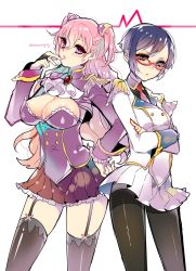 10s 2girls bad_id bad_twitter_id breasts charlotte_scherzen charlotte_shalzen cleavage epaulettes garter_straps glasses highres koronemgmg large_breasts long_hair multiple_girls pantyhose patatata pink_hair shigure_kasumi skirt thighband_pantyhose thighhighs uniform valkyrie_drive valkyrie_drive_-mermaid-