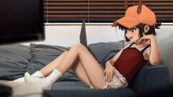 1girl :d baseball_cap black_camisole blurry blurry_foreground blush bra_strap breasts brown_eyes brown_hair camisole computer couch demon_horns depth_of_field flat_screen_tv hand_on_own_opposite_thigh hand_up hat highres horns indoors katya_(servachok) knees_up laptop leaning_back living_room looking_ahead looking_at_screen lounging lying night no_shoes on_back on_couch open_mouth orange_hat original red_camisole servachok short_hair short_shorts shorts sleeveless small_breasts smile socks striped_camisole television two-tone_camisole white_shorts white_socks window_blinds
