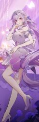 1girl absurdres bare_legs bare_shoulders breasts bug butterfly castorice_(honkai:_star_rail) castorice_(star_rail_live_2025)_(honkai:_star_rail) commentary dress eucha from_side full_body hand_up high_heels highres honkai:_star_rail honkai_(series) insect large_breasts legs light_blush long_hair looking_at_viewer official_alternate_costume parted_lips pointy_ears purple_butterfly purple_dress purple_eyes purple_hair purple_shoes shoes sidelocks smile solo tiara very_long_hair white_tiara