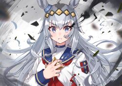 Rule 34 | 1girl, absurdres, ahoge, animal ears, aura, blue eyes, blue sailor collar, brooch, commentary, dark aura, ear ornament, grey hair, hair ornament, hand on own chest, haru yu, highres, horse ears, horse girl, jewelry, long hair, long sleeves, looking at viewer, neckerchief, oguri cap (umamusume), open mouth, red neckerchief, sailor collar, shirt, solo, star brooch, umamusume, umamusume: cinderella gray, upper body, white shirt, wind