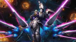 absurdres arm_up beam_cannon copyright_logo energy_beam engage_zero_yonghwavin explosion firing funnels_(gundam) gundam gundam_battle_operation_2 gundam_engage_zero gundam_u.c._engage highres machinery mecha mecha_focus mobile_suit no_humans official_art painting_(medium) realistic robot scan science_fiction space sunrise_(company) tenjin_hidetaka thrusters traditional_media v-fin zero_gravity