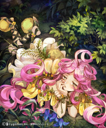 1girl ahoge apple972 barefoot blush cross-laced_footwear dress female_focus flower grass head_rest head_wreath inzup long_hair lying nature on_stomach original pink_hair sitting solo very_long_hair water yellow_eyes