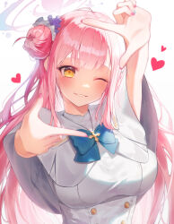1girl absurdres blue_archive blue_bow blue_bowtie blush bow bowtie breasts capelet commentary_request cross dress finger_frame fingernails hair_bun hair_ornament halo hands_up heart highres large_breasts long_hair looking_at_viewer lovelykirby_125 mika_(blue_archive) nail_polish pink_hair pink_halo pink_nails single_hair_bun single_side_bun smile solo upper_body white_capelet white_dress yellow_eyes