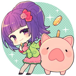 Rule 34 | 1girl, avocado academy school uniform, bad id, bad pixiv id, blunt bangs, chibi, closed mouth, coin, flower, full body, green jacket, hair flower, hair ornament, hanazono shuka, holding, holding coin, idol time pripara, jacket, long hair, long sleeves, looking at viewer, lowres, n (m ohkamotoh), piggy bank, pink flower, pink rose, pink skirt, ponytail, pretty series, pripara, purple eyes, purple hair, rose, school uniform, skirt, smile, solo, standing