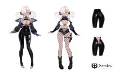 Rule 34 | 1girl, :d, absurdres, ass, azur lane, bare shoulders, bikini, black bikini, black footwear, blue eyes, boots, braid, breasts, clothes writing, commentary request, concept art, copyright name, dark-skinned female, dark skin, diving suit, earrings, eyes visible through hair, fang, fish skeleton hair ornament, fishnet pantyhose, fishnets, full body, gloves, gun, hair over one eye, herring (azur lane), herring (the town with no shade) (azur lane), highres, holster, jewelry, k.t.cube, knee boots, long hair, micro shorts, multiple views, official alternate costume, open mouth, pantyhose, partially unzipped, purple nails, shorts, side braids, simple background, skin fang, smile, swimsuit, thigh holster, twintails, weapon, white background, white hair