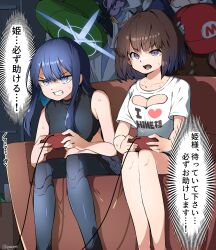 4girls black_shirt blue_archive blue_hair breasts brown_hair character_request check_translation cleavage clothes_writing controller datemegane grimace halo holding holding_controller ishigami_shizuka luigi_hat mario_(series) mario_hat multiple_girls nintendo open_mouth playing_games purple_eyes saori_(blue_archive) shadowverse shirt sitting speech_bubble sumeragi_erika_(shadowverse) sweatdrop translation_request