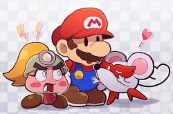 Rule 34 | 1boy, 2girls, blonde hair, blue overalls, blush stickers, boots, brown footwear, checkered background, chiimako, facial hair, goombella, hat, heart, helmet, high heels, mario, mario (series), mouse (animal), ms. mowz, multiple girls, mustache, nintendo, open mouth, overalls, paper mario, paper mario: the thousand-year door, paper mario (character), ponytail, red footwear, red hat, red shirt, shirt